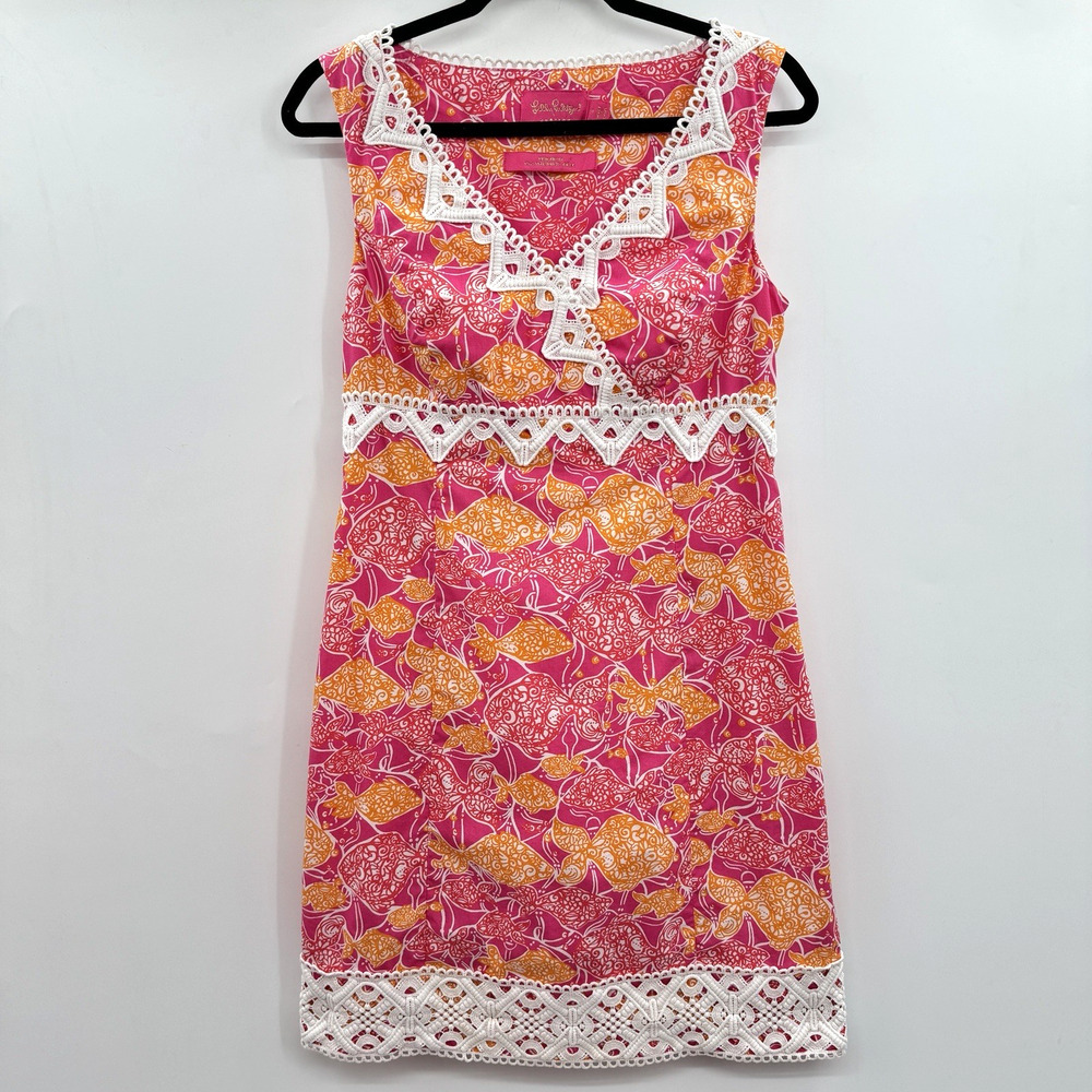 Lilly Pulitzer Jubilee Catherine Bell A-Line Dress Sz 6 Pink Lace Trim Tropical